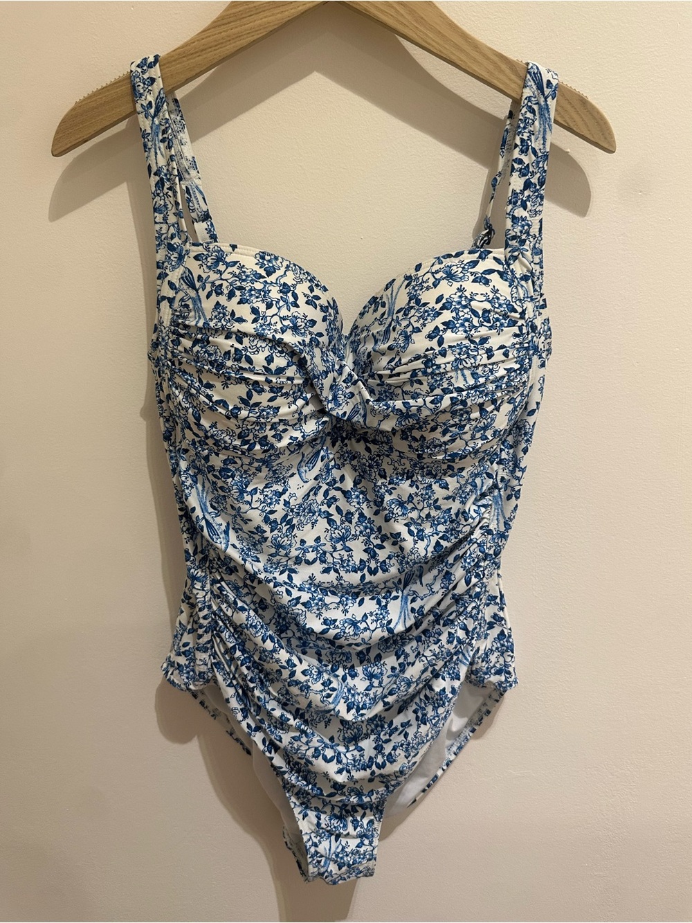 White & Blue Floral One-Piece Swimsuit with Ruched Front